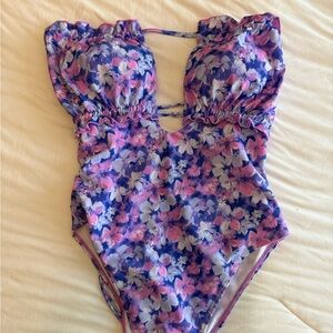 SHEIN Purple Floral One-Piece Swimsuit with Pink and White Accents